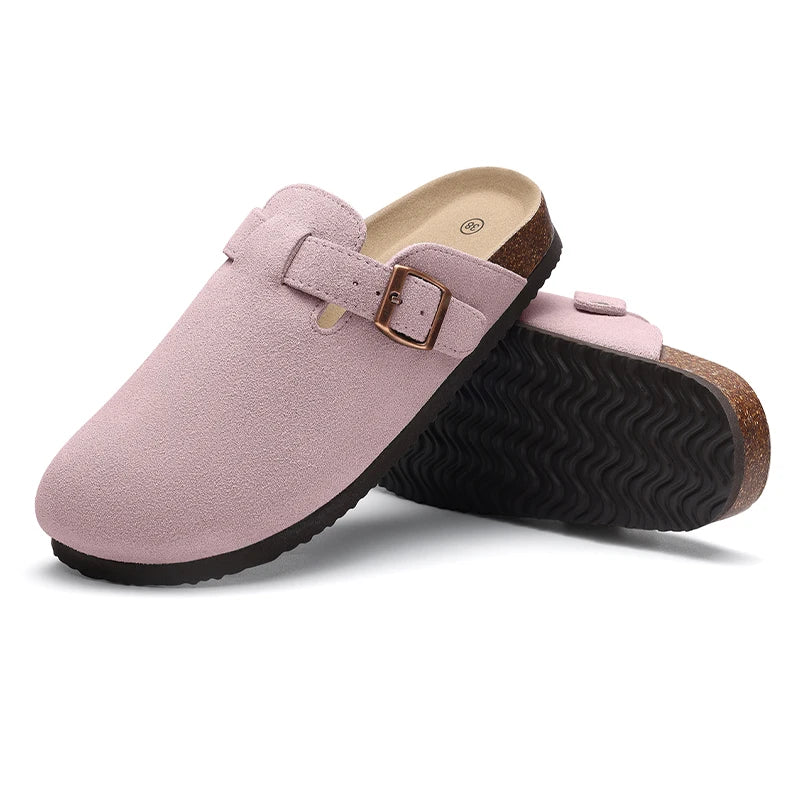 Kidmi Men's Suede Clogs Cork Footbed Clogs for Women Soft Leather Adjustable Buckle Slip-on Potato Shoes Sandals Beach Slippers
