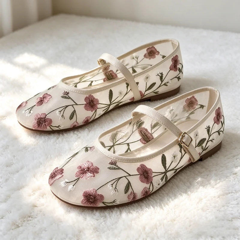 Women's Floral Mesh Mary Jane Flats