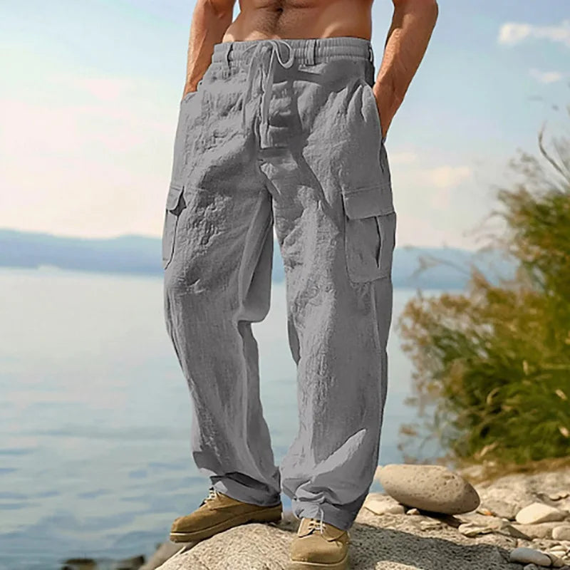 Men's Linen Blend Drawstring Straight-Leg Pants