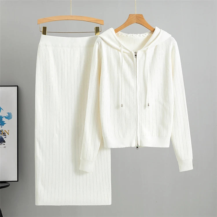 2025 new women's Knitted Cardigan High Waisted Buttocks Wrapped  Skirt 2 Piece Suits Luxury Hot Diamond Fashion Sets