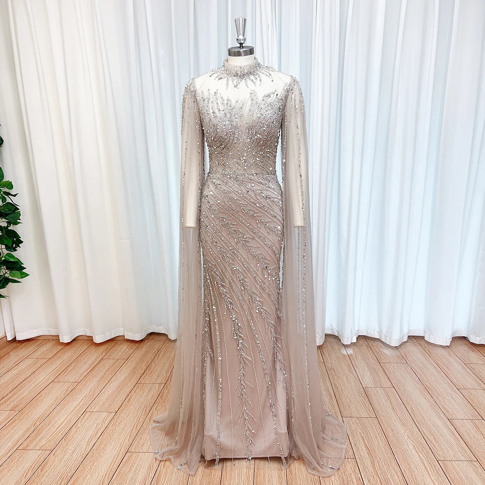 Luxury Beaded Mermaid Evening Gown | Cape Sleeve