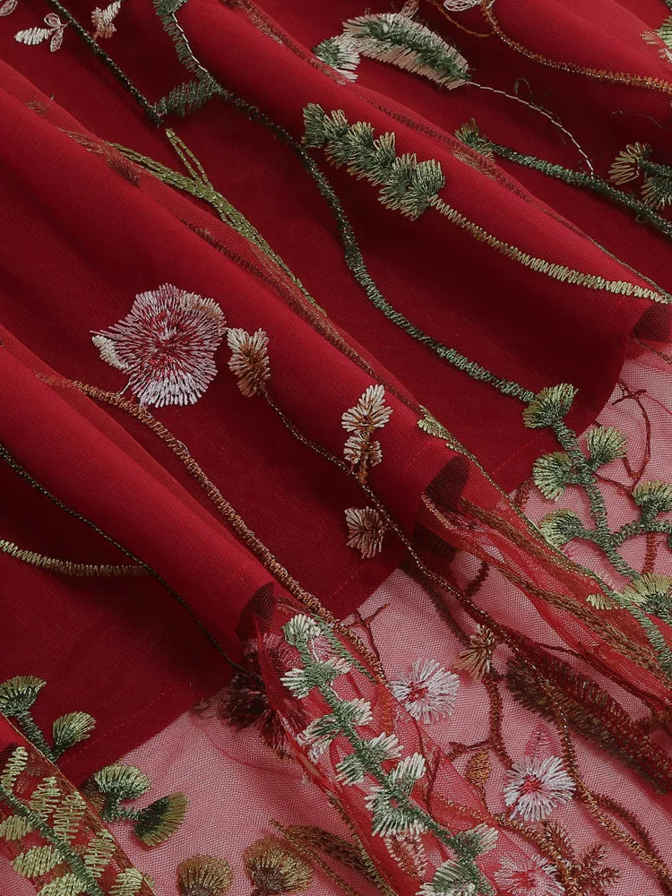 Tonval Floral Embroidered Mesh Midi Skirt – Elegant & Vintage