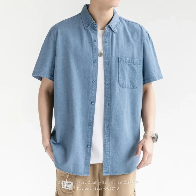 Men's Denim Shirt Long Sleeve Casual Outerwear Youth 2026 Fashion Streetwear Light Blue Button Up Top with Pockets Jeans Shirt