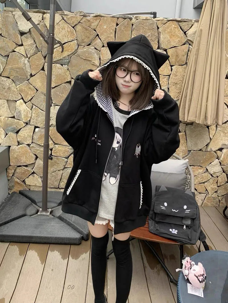 Women's Cute Cat Print Relaxed Zip-Up Hoodie