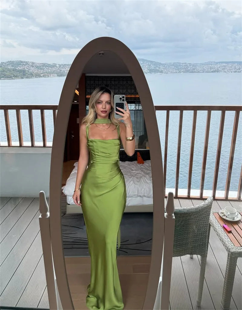 Elegant Backless Satin Maxi Dress – Sleeveless Halter Bodycon Party Gown