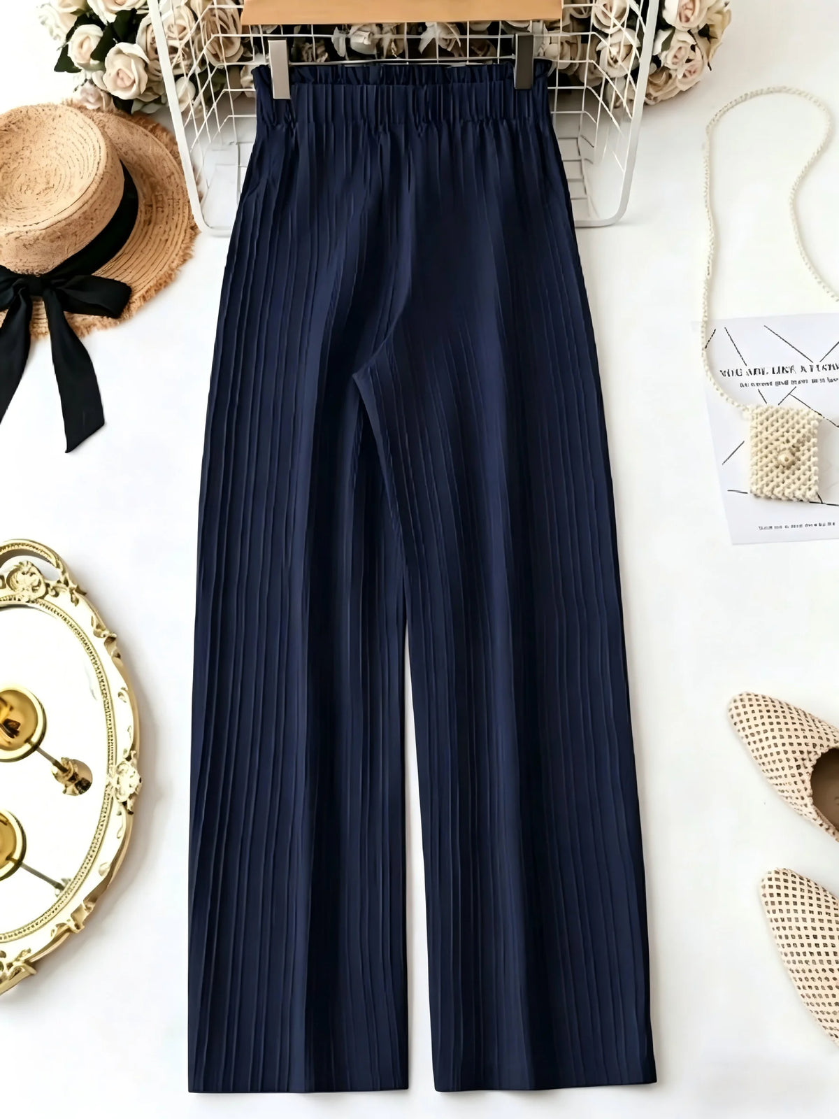 Women's Navy Wide-Leg Bow-Tie Pants