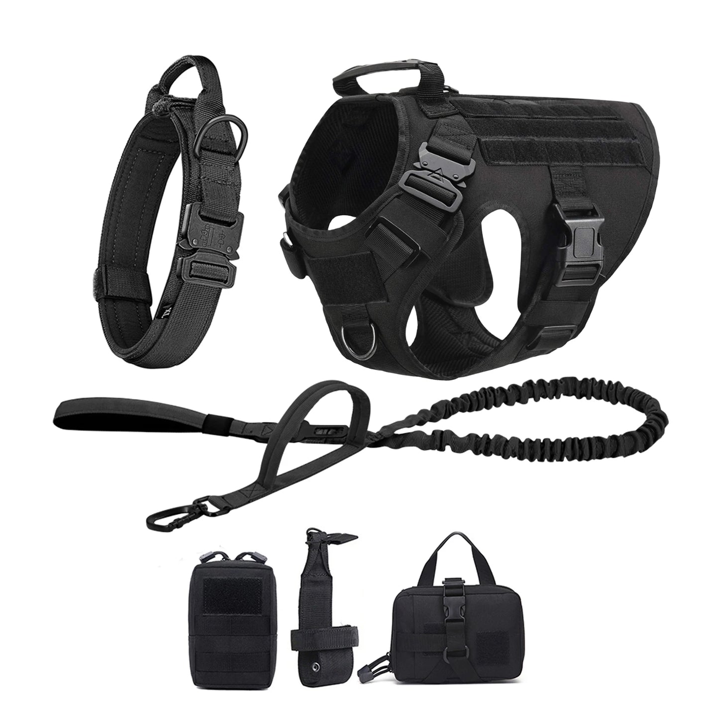 Tactical Dog Harness Set – Collar, Leash & MOLLE Pouches