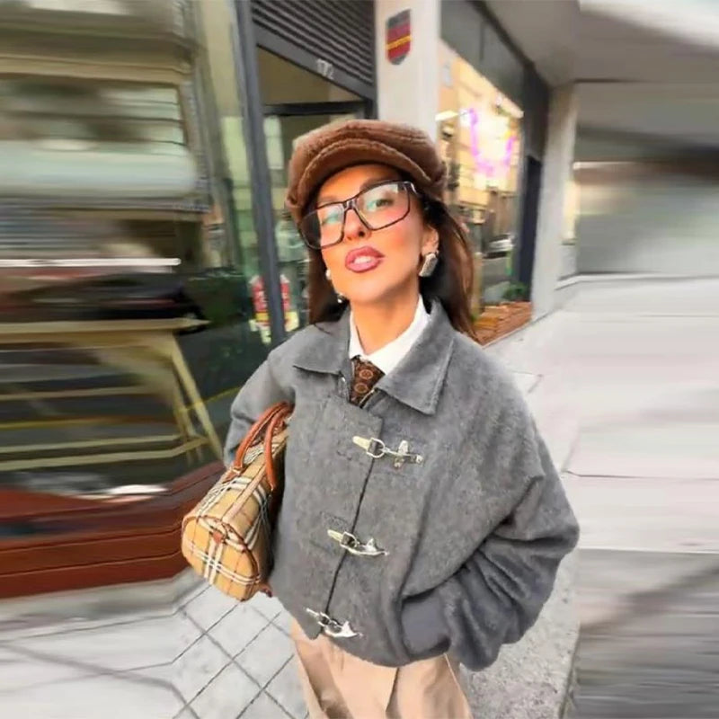 Women' S Vintage Autumn Winter Jacket Airplane Buckle Loose Lapel Coat Full Sleeve Outwears 2025 New Lady High Streetwears