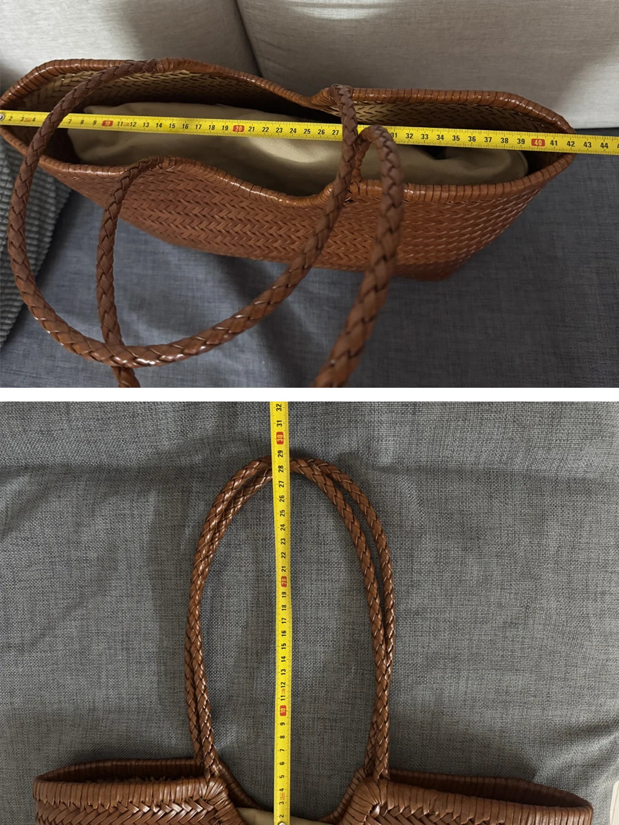 Leather woven bag, large-capacity women's tote bag, holiday leisure top layer cowhide shoulder bag, vegetable basket bag.