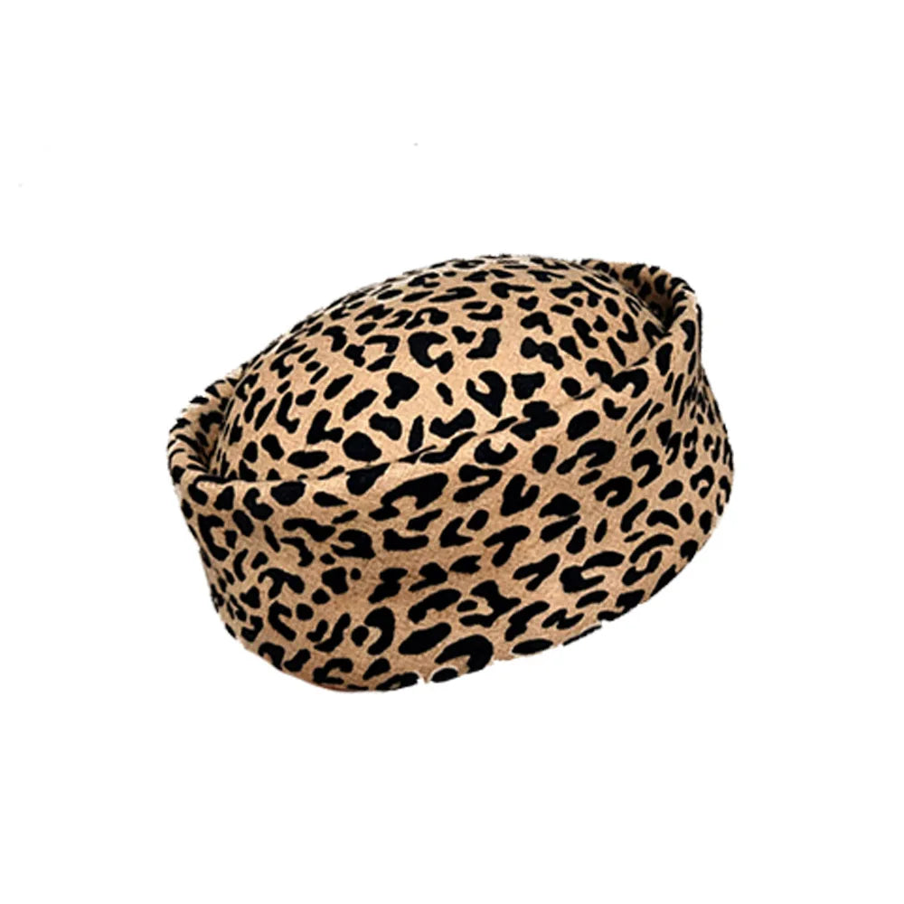 100% Wool Felt Leopard Pillbox Hat Woman Vintage painter French Beret Cap Elegant Brimless Beanie Winter Church Sun Fedora Hats