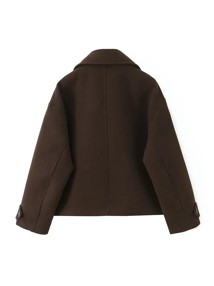 NLZGMSJ Vintage Casual Chic Women Overcoat Solid Pockets Double-breasted Short Coat New Fashion 2025 Winter Holiday Coats