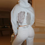 Casual Sequin Wings Hooded Sweatshirt Pant Set Women Solid Loose Full Sleeve Pullover Suit 2026 Spring Autumn Lady Daily Outfit