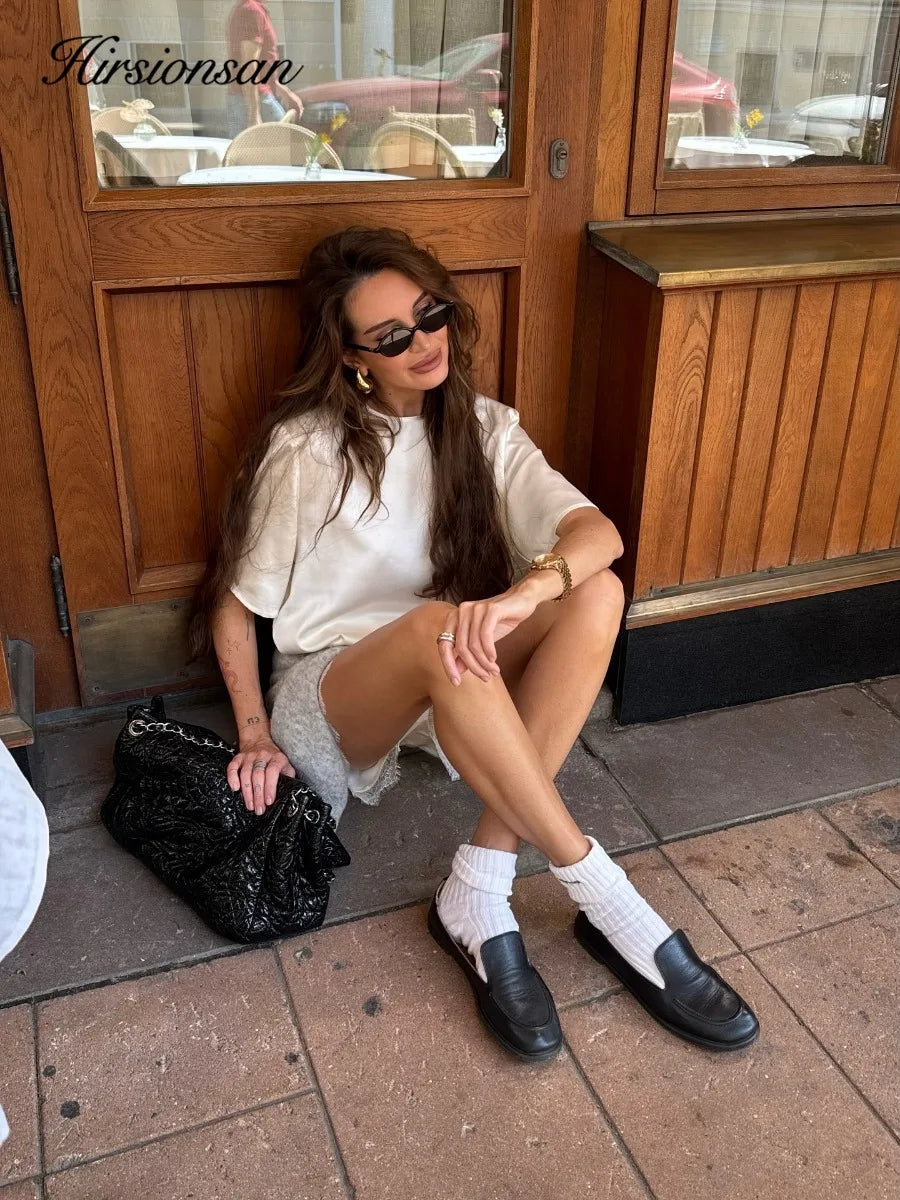 Hirsionsan Loose Sets Women Two Pieces Short Tops & Lace Patchwork Shorts Elegant Female High Quality Outfits Soft Tracksuit