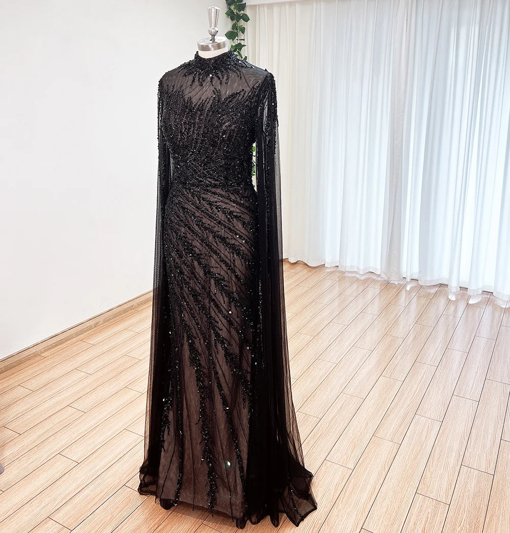 Luxury Beaded Mermaid Evening Gown | Cape Sleeve