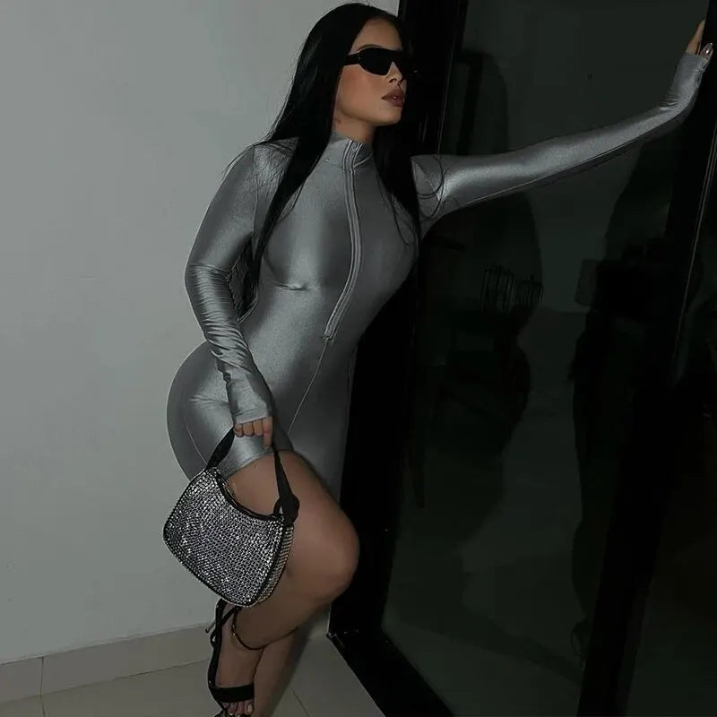 Long Sleeve Zip-Up Bodycon Romper