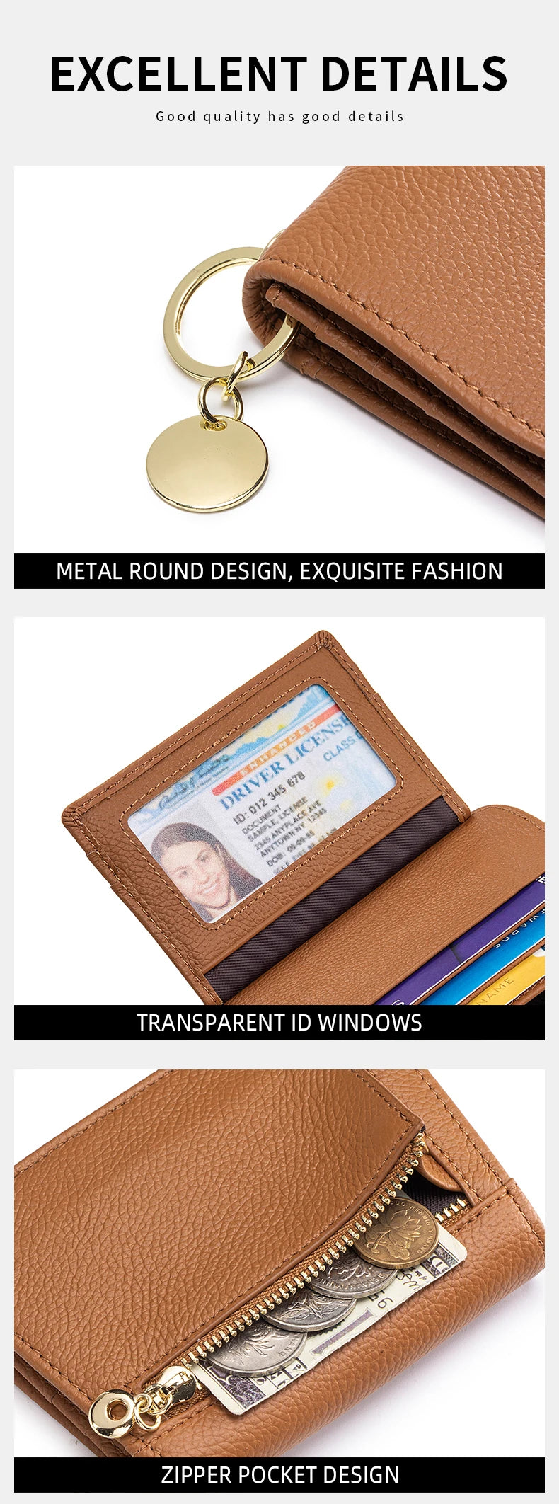 Women Genuine Leather Slim TriFold Wallet Credit Card Holder With Zipper Coin Pouch, ID Window & Keychain