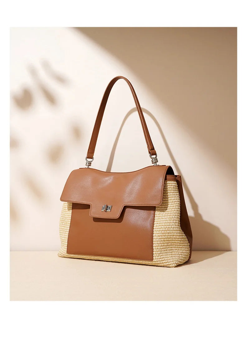 Summer 2026 Women's Raffia Woven Tote Bag Split Leather Crossbody Straw Messenger Bag Grass Weaving Shoulder Bag for Ladies New