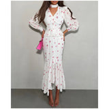 Women Elegant Printed V-neck Dress Chic Lapel Waist Cinched Pleated High Waisted Dresses 2026 Summer New Lady Vacation Gowns