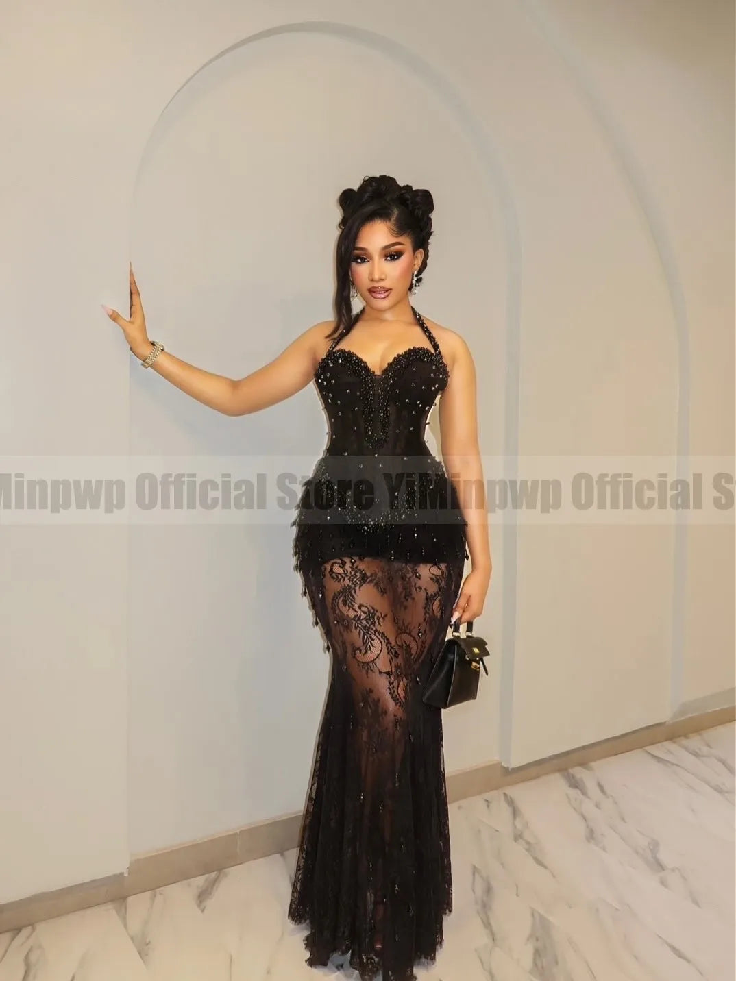 2026 Black Mermaid Formal Evening Dresses for Women Halter See Through Crystal Aso Ebi Africa Prom Ceremony Gowns Customized