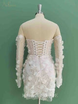 Luxury Beaded Short Wedding Dresses Saudi Arabia Lace Floral Appliques Long Sleeves Bridal Gown Mini Prom Party Dress Customized