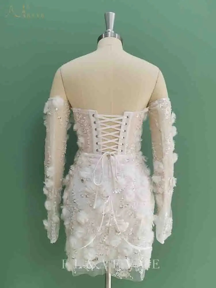 Luxury Beaded Short Wedding Dresses Saudi Arabia Lace Floral Appliques Long Sleeves Bridal Gown Mini Prom Party Dress Customized