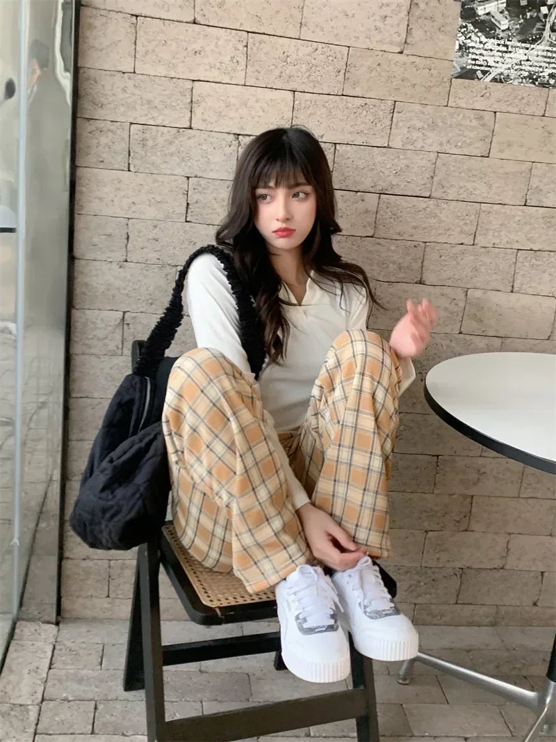 Plaid Plush Wide-Leg Trousers