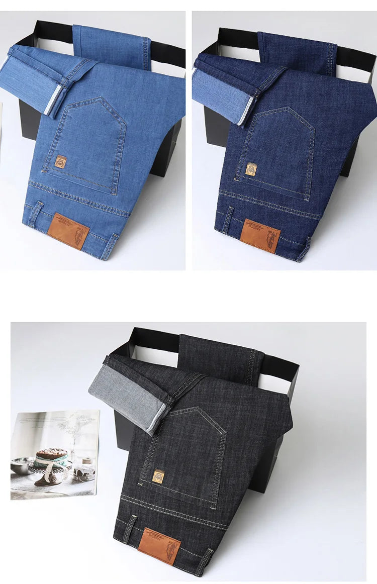 Light Blue Classic Business Casual Cotton Pants Fashion Breathable Denim Elastic Trousers Brand Men's Clothing Straight Jeans