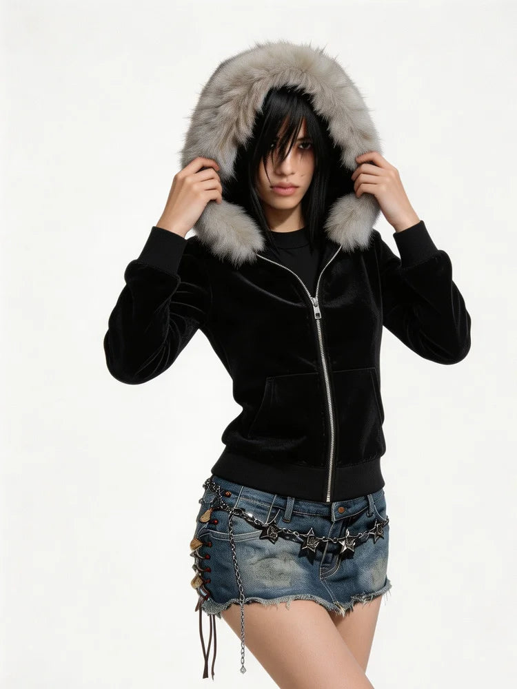 Autumn and Winter Women's Y2K GOTH Zipper Hoodie, Hairy Neck Hat, Slim Fit Long Sleeved Coat, Daily Punk Street Wear Coat