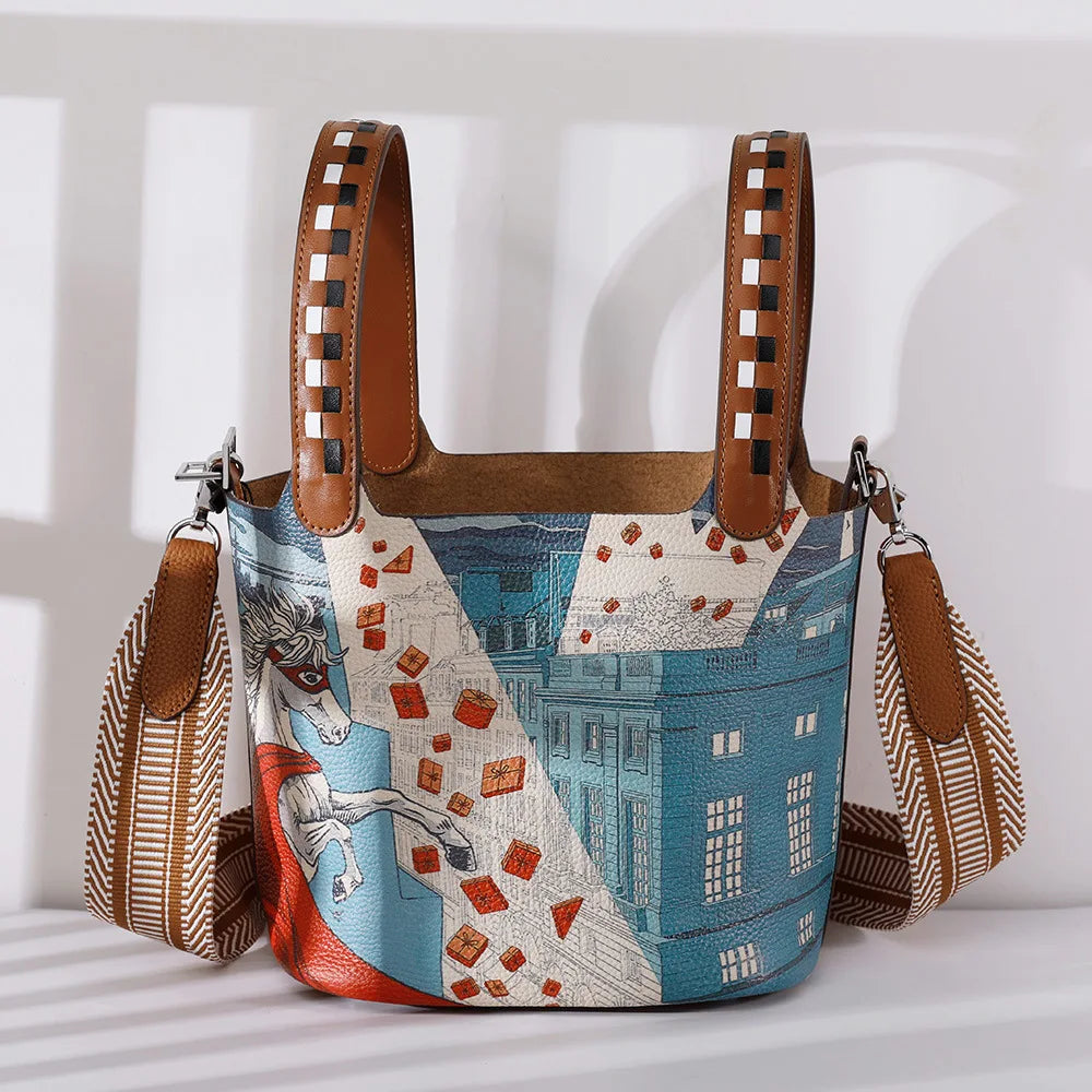 Purses and Handbags Bags for Women Painting Vegetable Basket Handbag Adjustable Shoulder Strap Genuine Leather Bucket Bag