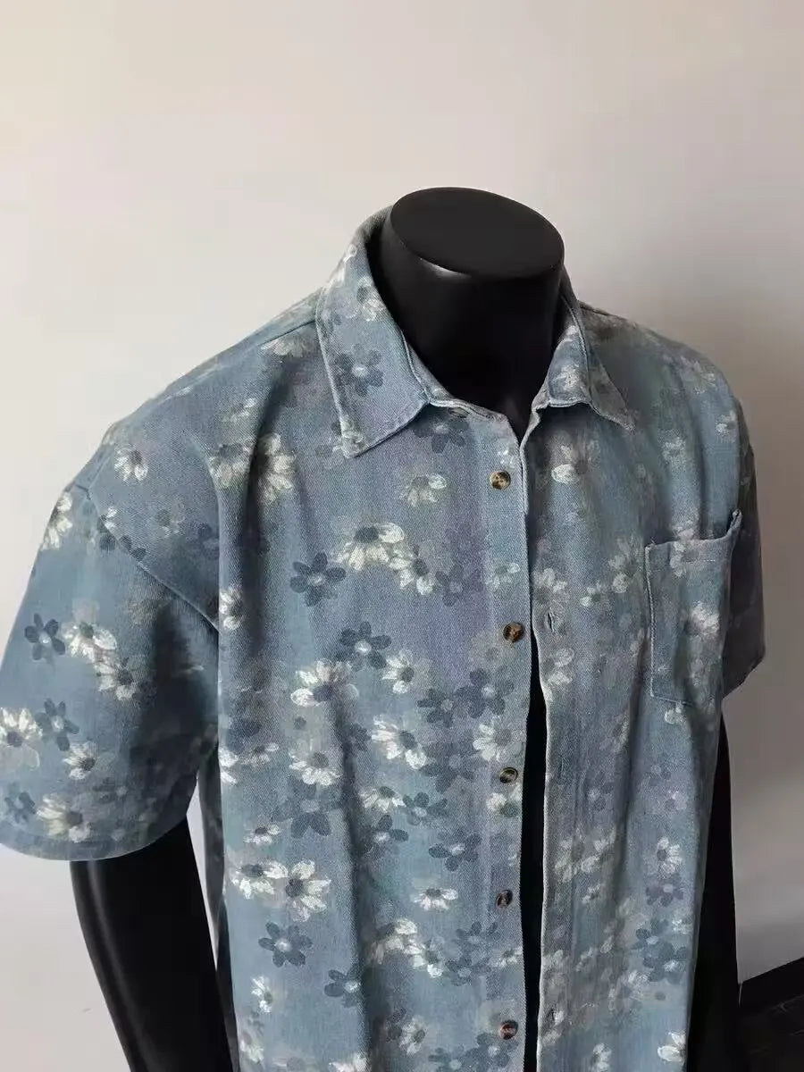 2025 Summer New Floral Short Sleeve Men's Denim Shirt Thin American Retro Layered Wear Outerwear Jacket Breathable Polyester
