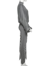 SIsterlinda Unique Irregular Women 2 Piece Set Solid Swinging Pleated Single Full Sleeve Turtleneck Tops+Matching Split Skirts
