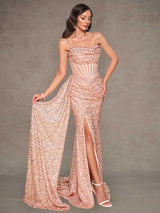 Rose Gold Sequin Strapless Mermaid Evening Gown