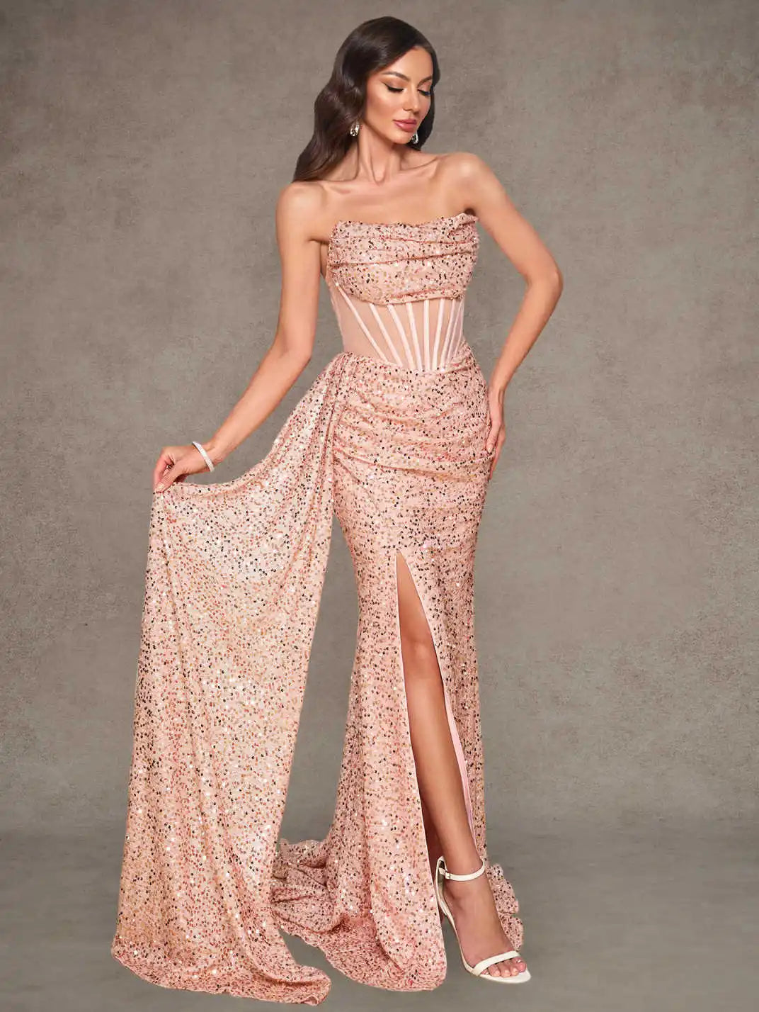 Rose Gold Sequin Strapless Mermaid Evening Gown