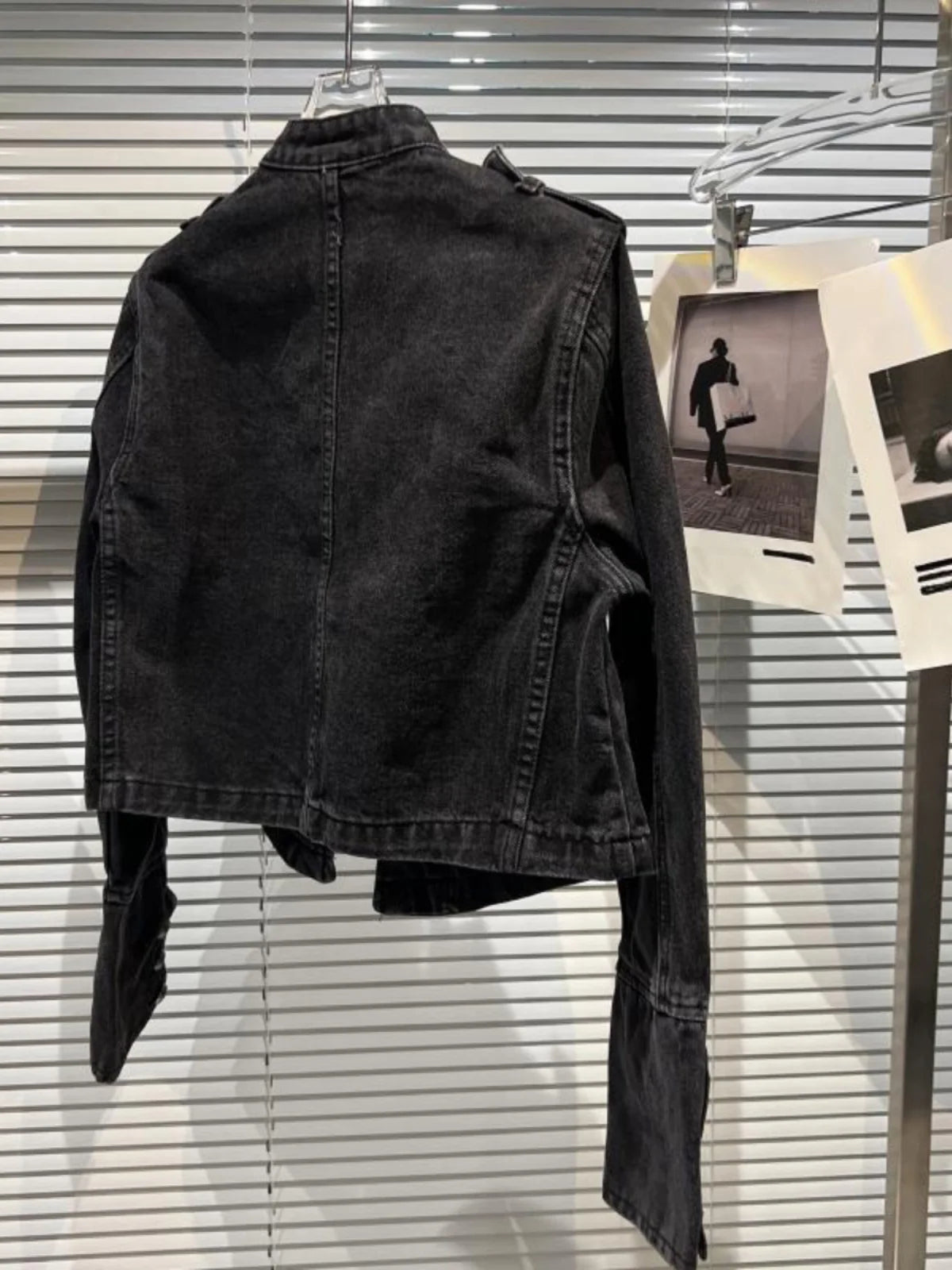 Punk Style Black Stand Up Collar Denim Jacket - Vintage Washed Motor Coat