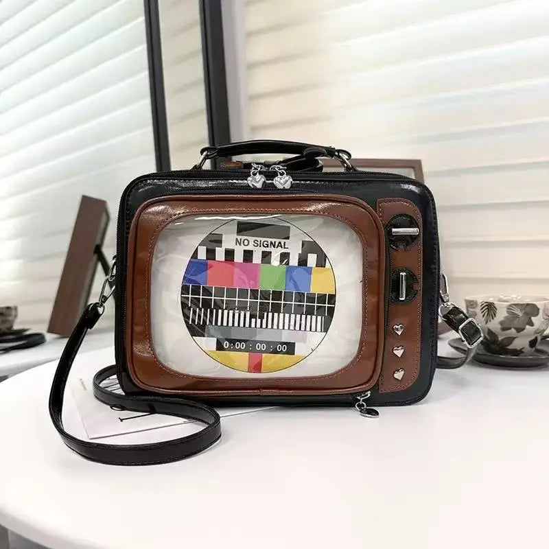 Cartoon Cute Handbags for Women Funny Retro TV Transparent Square Bag Fashion Leather Personalized Creative Shoulder Bag Woman
