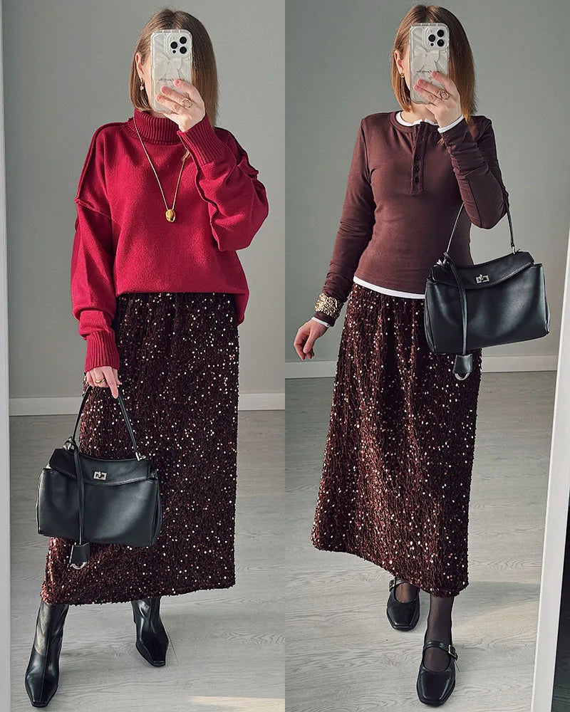 High Waisted Sequin Maxi Skirt Women Elegant Shiny Straight Skirts With Slit Summer Spring Black Long Sequin Skirt For Women