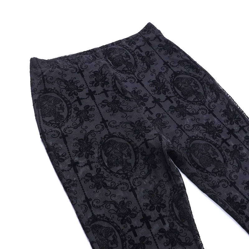 Women's High-Waist Mesh Lace Flare Pants