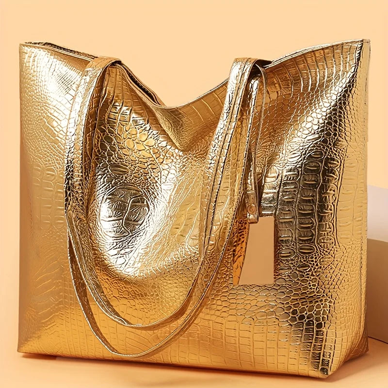 Women's Metallic PU Leather Tote Bag with Zipper