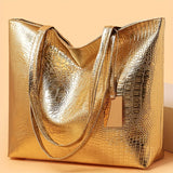 Women's Metallic PU Leather Tote Bag with Zipper