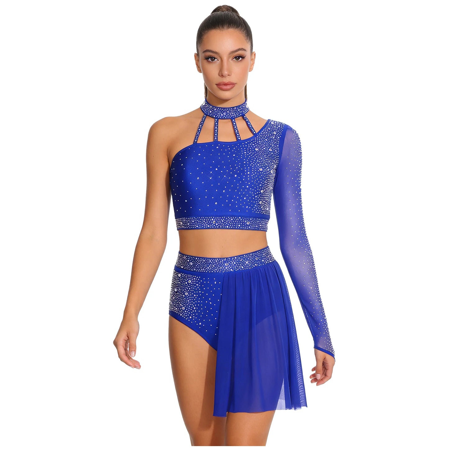 Women's 2-Piece Rhinestone Dance Crop Top & Shorts Set