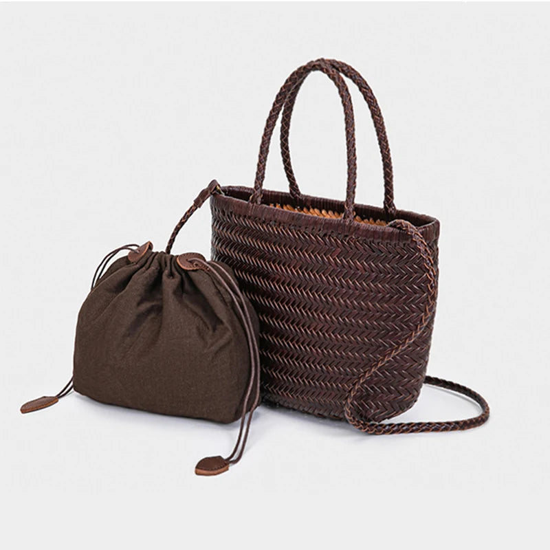 Genuine Leather Tote Bags Luxury Designer Handbag Handwoven Weaving Casual Shopping Bag Vintage Big Tote Purse Hand Bags