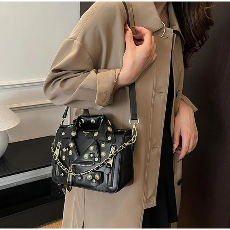 Jacket Collar Shaped Crossbody Shoulder Bag,Women Metal Flower Studded Handbag ,Niche Designer Streetwear Fashion Rivet Tote Bag