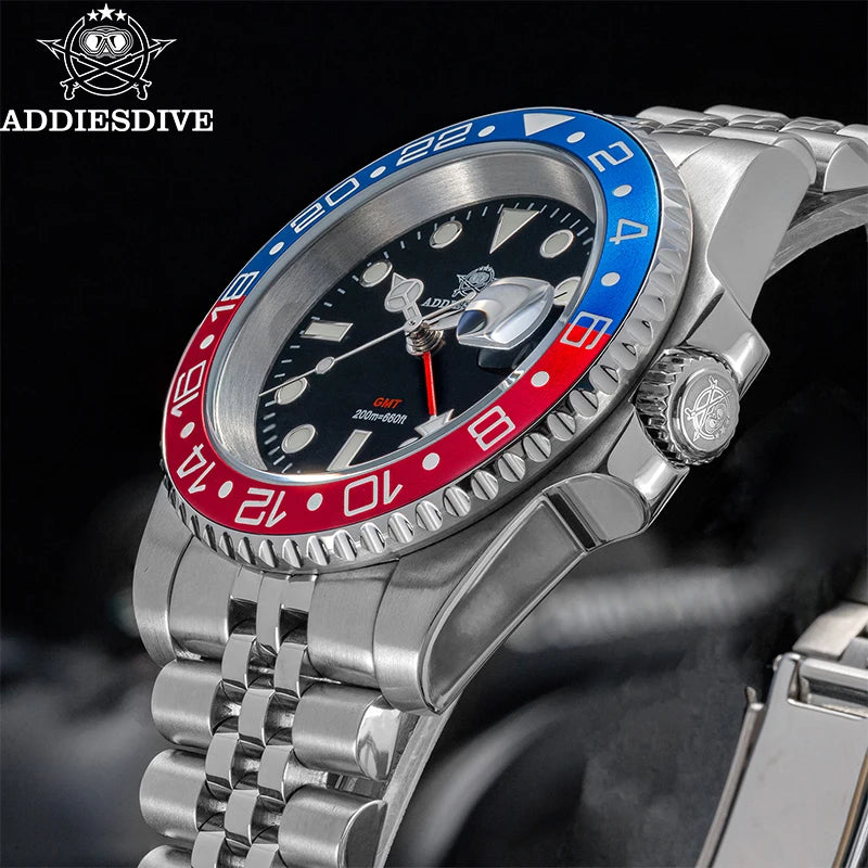 ADDIESDIVE AD2050 Men GMT Watch Swiss Ronda 515-24 BGW9 Super Luminous 20Bar Waterproof Reloj 316L Stainless Steel Quartz Watch