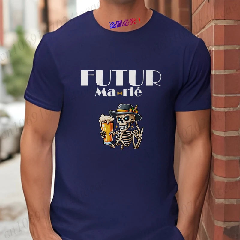 French Funny Single Farewell Bachelor Party T-shirt Wedding Beer Skeleton Tops Evg Team Married Tee Future Groom Man Squad Shirt