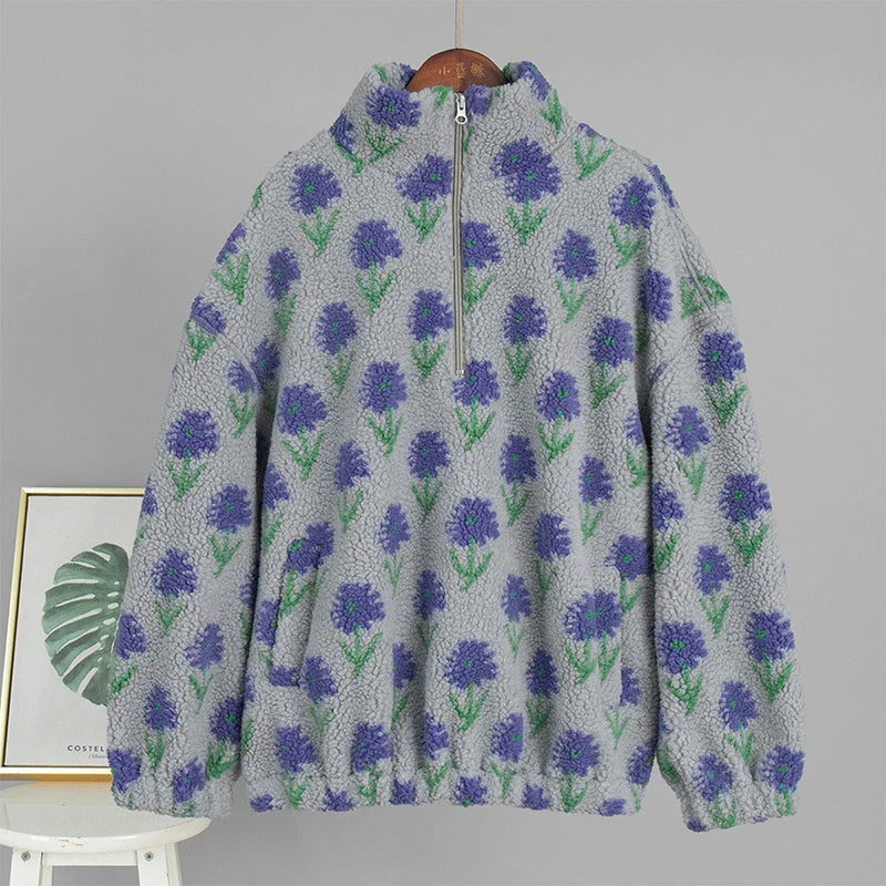 TARUXY Fleece Printing Sweatshirt Women's Half-Zip Sweatshirt Fleece Loose Turtleneck Pullover Female Winter Leisure Sweatshirt