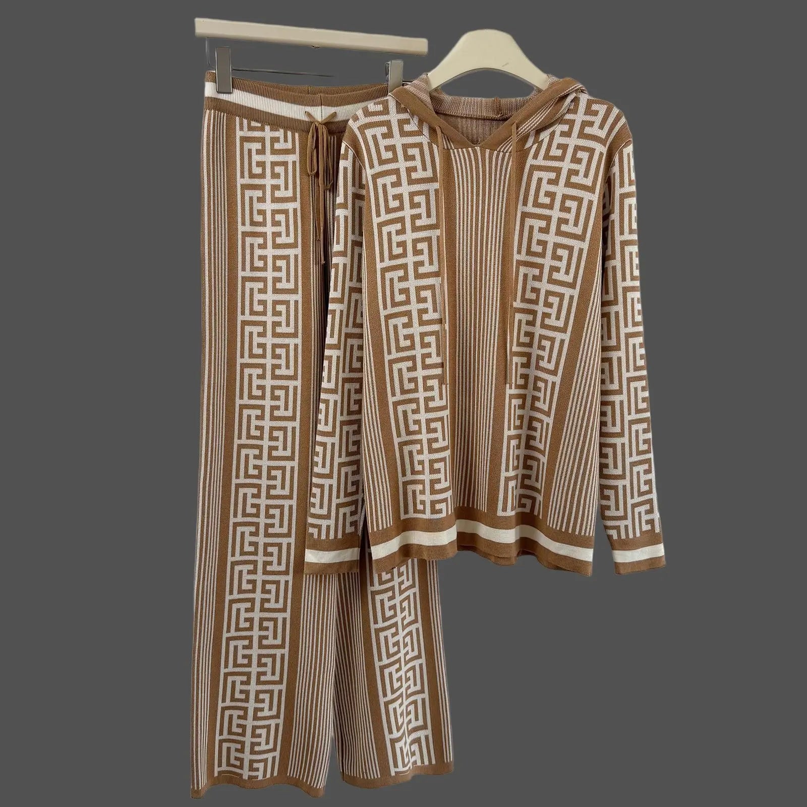 Geometric Knit Hoodie & High-Waist Wide-Leg Pants Set