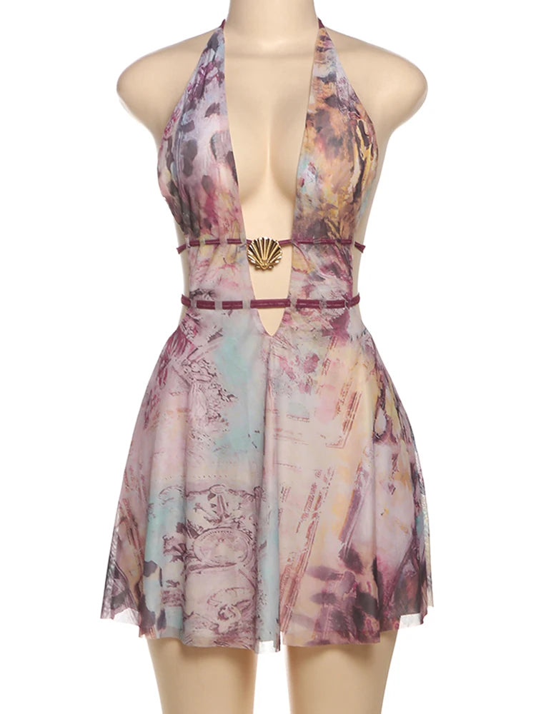 Shell Splice Halter Mini Dress - Y2K Aesthetic Backless Clubwear