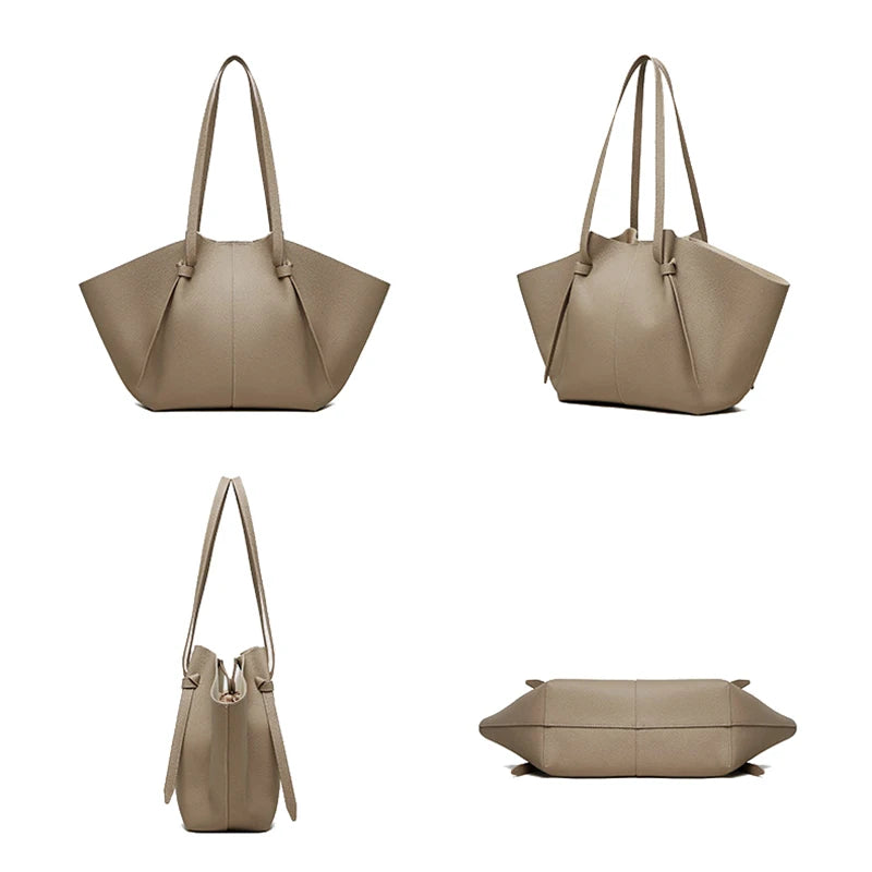 New Women's Large Capacity Cowhide Tote Fashionable Bat Wing Design Genuine Leather Handbag for Commuting Versatile Ladies Bag