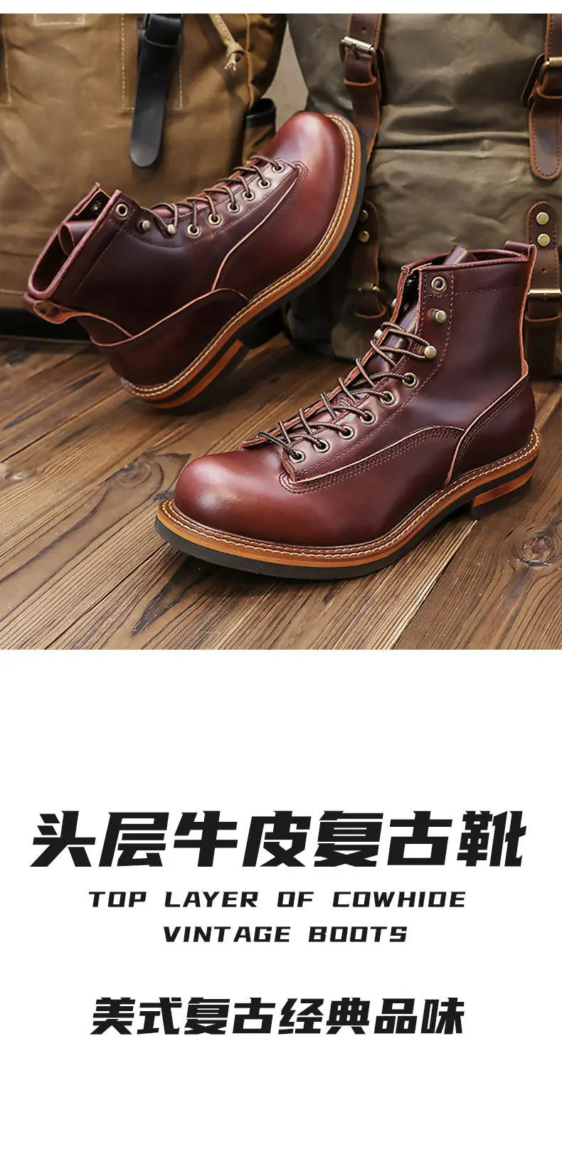 KOWM Hiking shoes men's walking boots British cowhide high top motorcycle boots ankle casual sneakers trekking shoes thick soled