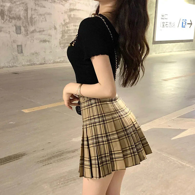 Plaid A-Line Mini Skirt – High Waist, Pocketed